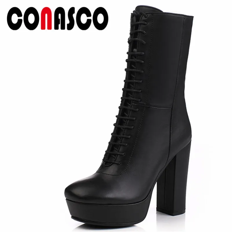 CONASCO 1/модные женские ботинки до середины икры теплая осенне-зимняя обувь из натуральной кожи на высоком каблуке женские мотоботы в стиле панк с перекрестной шнуровкой