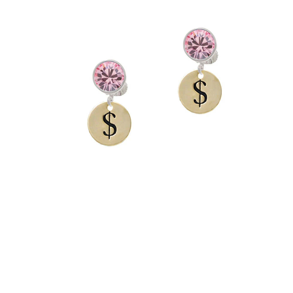 Gold Tone Disc 1/2'' - Symbol - Dollar Sign - $ - Crystal Clip On Earrings (3)