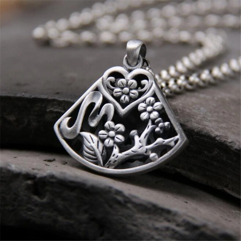 

Fashion Jewelry Lovely 999 Sterling Silver Carved Plum Flower Fan Shape Necklaces Pendants Sexy Charming Luxury Jewelry For Wome