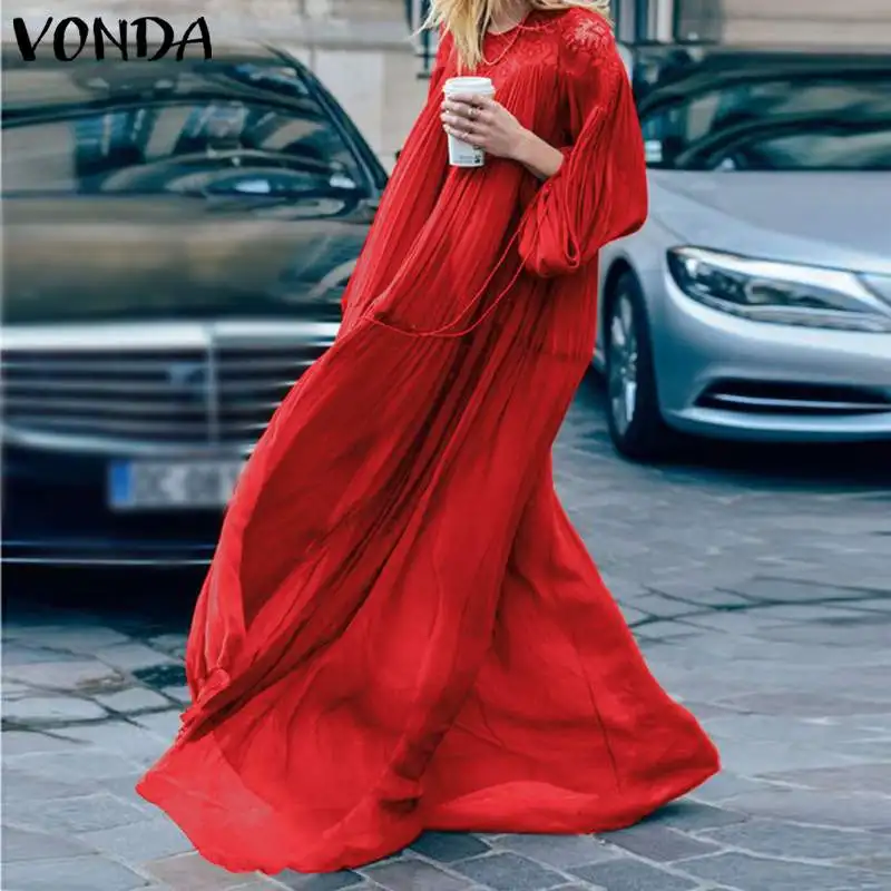 VONDA البوهيمي اللباس 2019 المرأة مثير فانوس كم الجوف الدانتيل حزب ماكسي اللباس عارضة فضفاض Vestido عطلة فستان الشمس زائد حجم