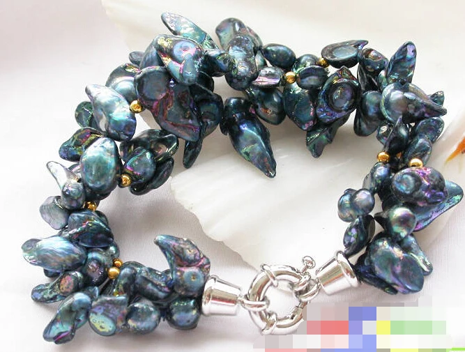 

0798 3row 8" cyan biwa BAROQUE CULTURED PEARL BRACELET