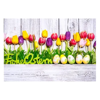 

3X5FT Photo Backgrounds Happy Easter Eggs Wood Tulip Germany Frohe Ostern Professional Children Photography Photo Backgrounds