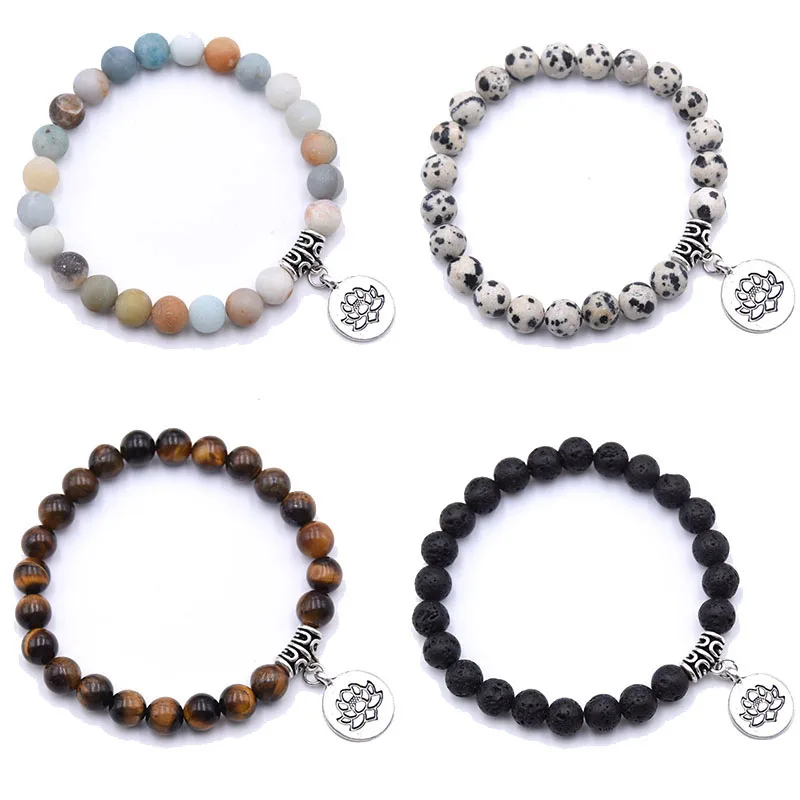 

New Arrival Black 8mm Lava Stone Flower Pendant Charm Bracelet For Women Men Vintage Beads Bracelets Jewelry Christmas Cute Gift