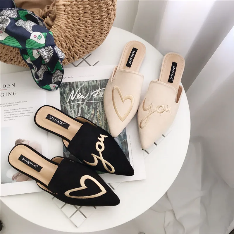 

shoes Woman Low heels Slippers flock Mules embroidered pointed toe Slides fashion Slip on loafers sandalias mujer black beige