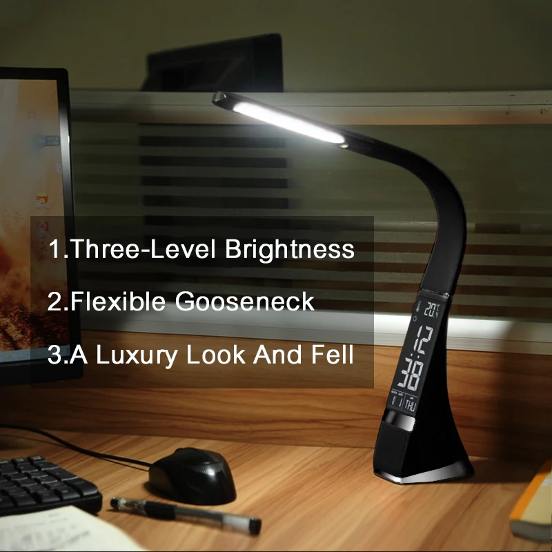  Woodpow Elegant Leather Texture Office LED Desk Lamp Dimming Table Lamps with LCD Display Alarm Clo - 32889925731