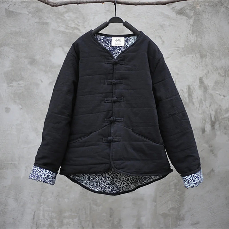 Johnature Cotton Linen Women Solid Color Parkas Coats New Vintage 2018 Winter Loose Blue And White Porcelain Splice Cotton Coats