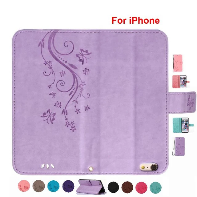 

Luxury Flip PU Leather Cases Butterfly Flower Embossing Lady Coque For iPhone 8 7 6 Plus 6S 5S SE 4S 4 Phone Bags For Touch 6 5