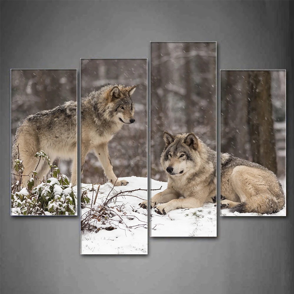 4 Pcs/Set Large Animals Canvas Print Painting Modern Two Wolves In