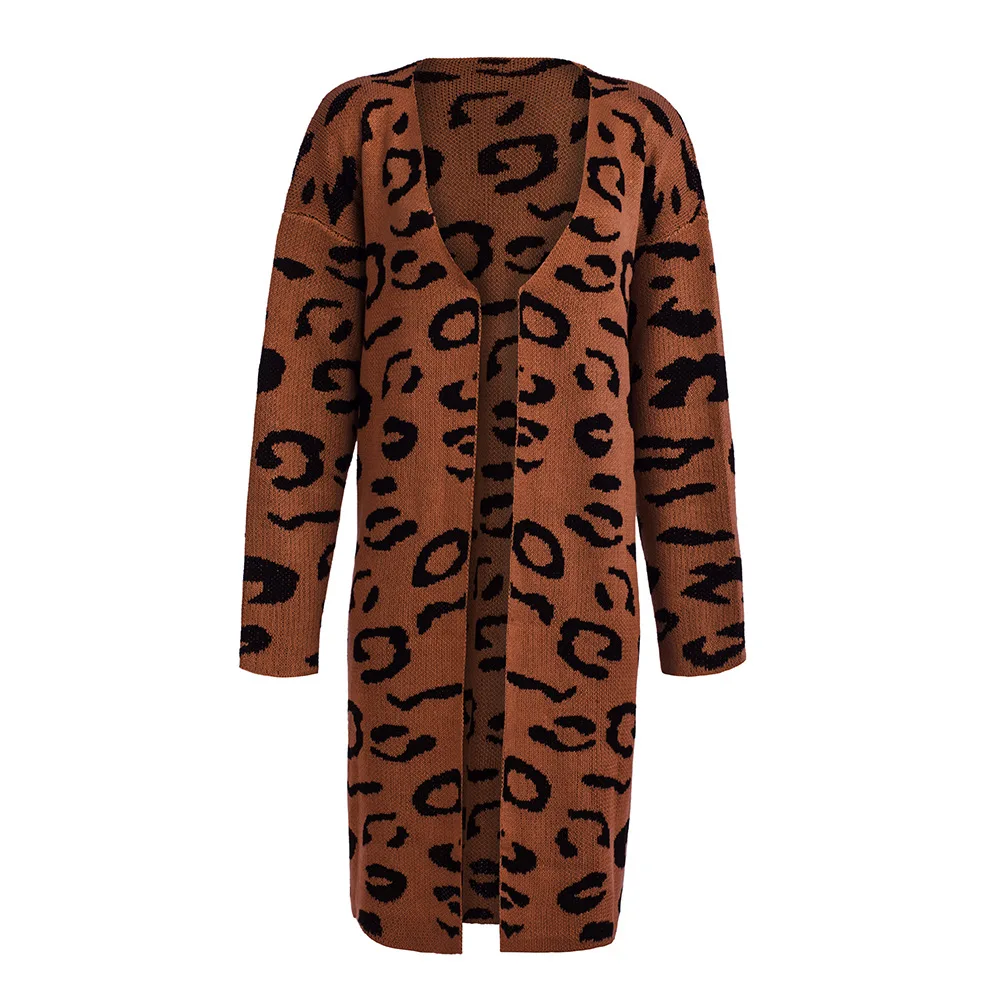 LOGAMI женский леопардовый вязаный длинный кардиган, свитер с длинным рукавом, пальто для женщин, осенняя зимняя верхняя одежда, пальто