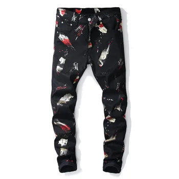 

Black Jeans Men Denim Print Animal Slim Casual Full Length Fashion Trousers Pencil Pants Tide Skinny Washed