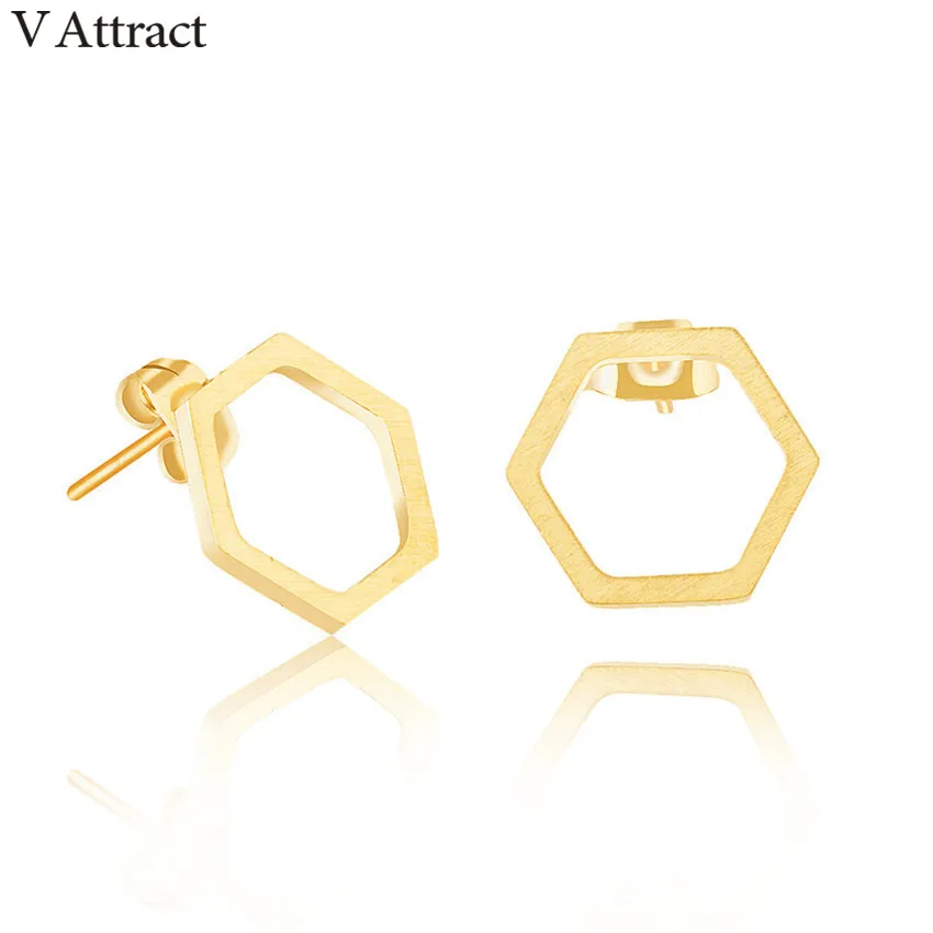 

V Attract Fashion Open Hexagon Stud Earring For Women Jewelry Gold Silver Stainless Steel Geomentry Boucle D'oreille Femme 2018