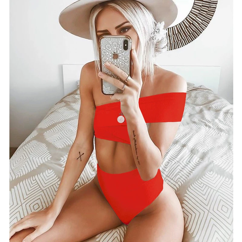 Kaufen 2019 neue Sexy Eine Schulter Bikinis Badeanzug Frauen Bademode Solid Bikini Hohe Taille Badeanzüge Sommer Strand Tragen Schwimmen Anzug