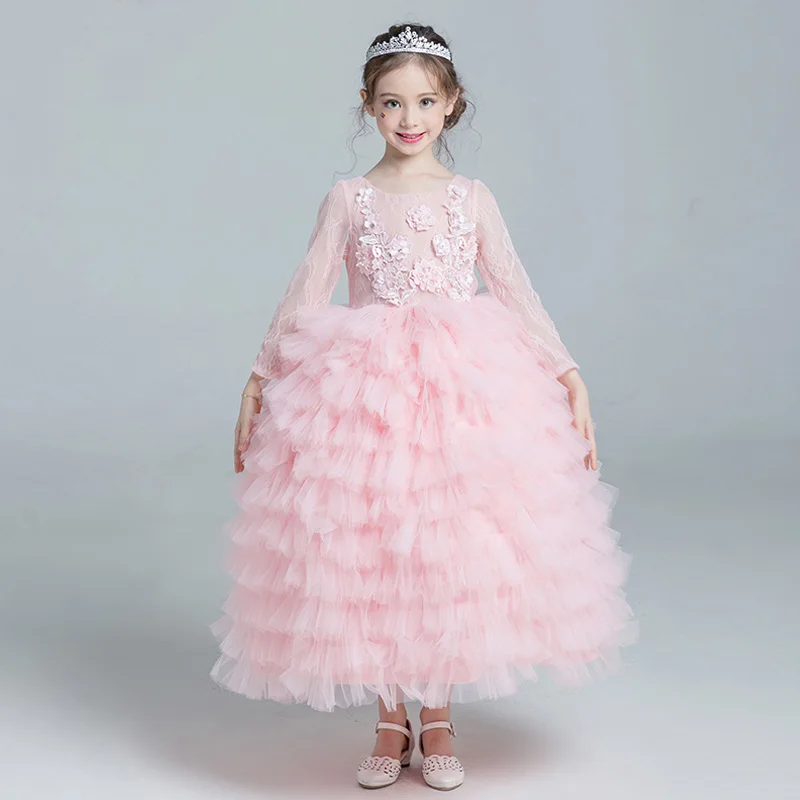 First Communion Gown Girl's Layered Dress O-neck Floral Cute Girls Pink Dress Long Sleeve Princess Kids Evening Dresses JF445 цена First Communion Gown Girl's Layered Dress O-neck Floral Cute Girls Pink Dress Long Sleeve Princess Kids Evening Dresses JF445 цены онлайн