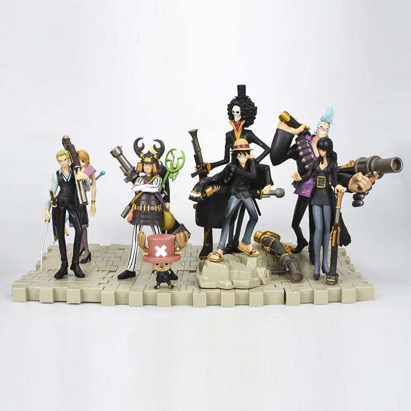 

9Pcs/Set ONE PIECE The straw hat Pirates Luffy Zoro Nami Sanji Chopper Robin Black clothes Cannon version Model Toy Boxed N935