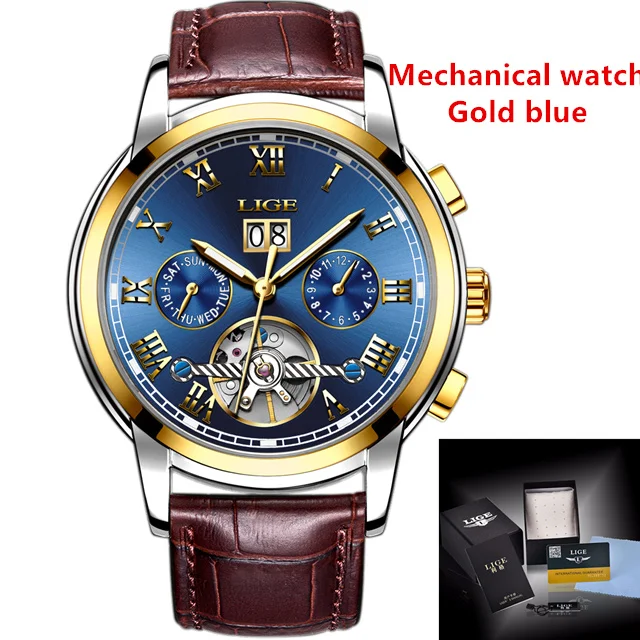 LIGE Топ люксовый бренд Модные мужские автоматические механические часы мужские s Водонепроницаемые кожаные спортивные повседневные часы Relogio Masculino - Цвет: L Gold Blue