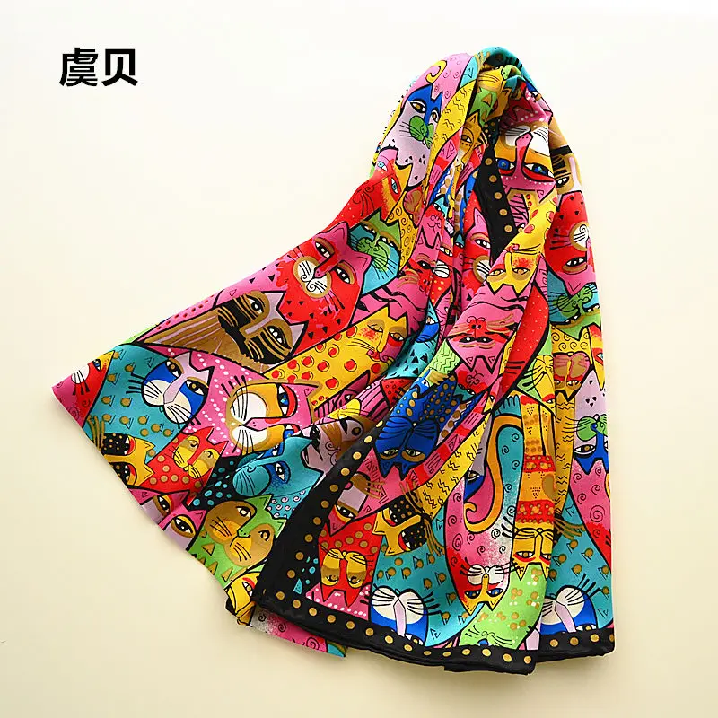 Sciarpa Lunga In Seta Leggera Con Stampa Gatti E Code Curve, Multicolore, 90x180 Cm, Scialle Da Spiaggia O Foulard