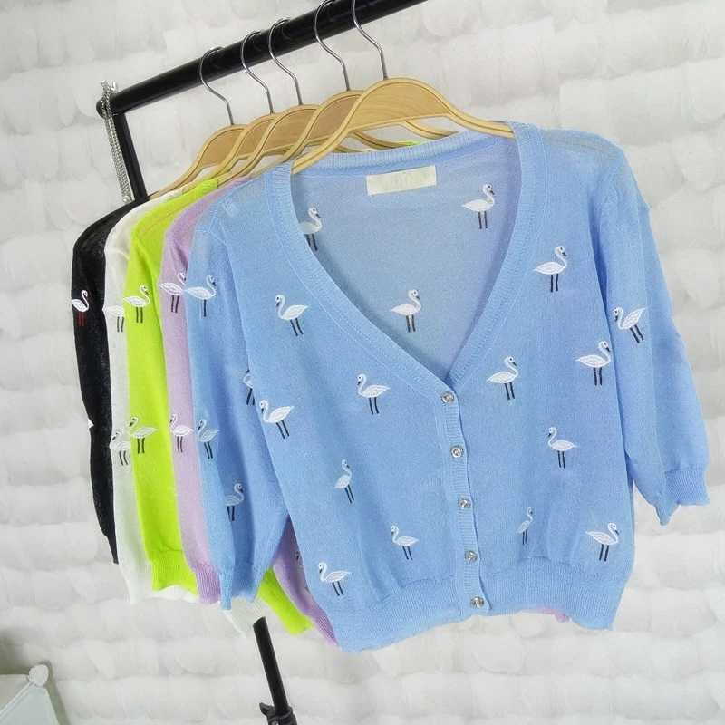 Ice Silk Embroidery Swan Thin Women Cardigan Knitted Sweater Shrug Three Quarter Crochet Female V-Neck Woman Cardigans Tops 1676