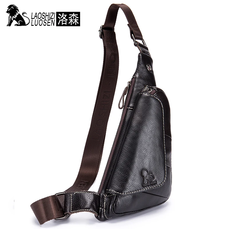 

LAOSHIZI LUOSEN New Unique Design Men Bag Genuine Leather Vintage Men's Shoulder Crossbody Bag Cowhide Triangle Sling Chest Bag
