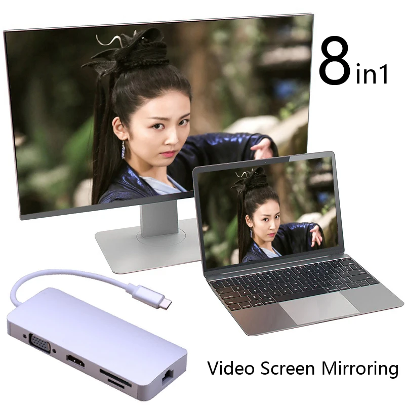 Видео адаптер Type C к HDMI VGA + Ethernet Lan RJ45 USB 3 0 SD TF кард ридер для Macbook Air Pro Для iMAC ТВ