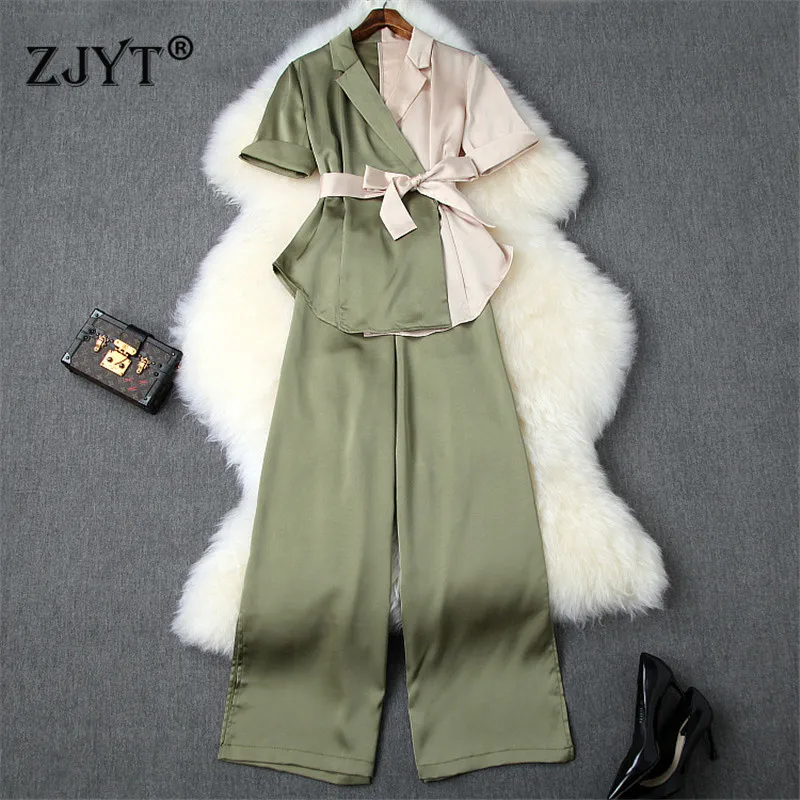 

Elegant Ladies Office Work Suit Summer Designer Lace Up Color Block Notched Top and Pants Matching Set Women 2Piece Clothes