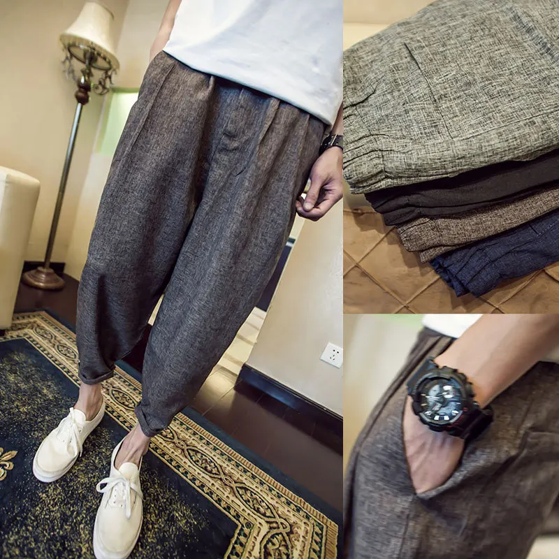 

Cotton Linen Harem Pants Men Chinese Traditional Style Drop Crotch Slim Leg Pencil Pants Hip Pop Casual Brand Trousers PT-292