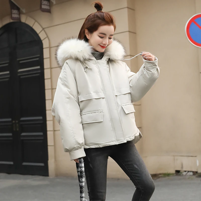 Nouveau Hiver De rose Manteau Qualité noir Feminina Fourrure Capuchon Grand Haute Beige Courte 2018 Parka caramel Col Veste Chaud Survêtement Femelle Jaqueta Épaissir À Femmes prqxtrw0
