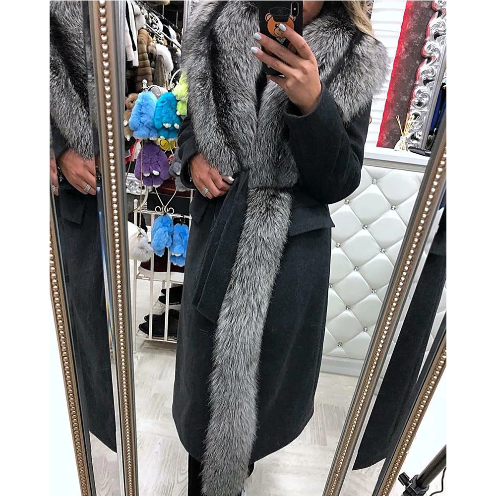 Luxurious Nature Silver Fox Fur Coats Warm Long Real Fur Collar Slim Fashion Woollen Jacket For Female Especially Winter Tops