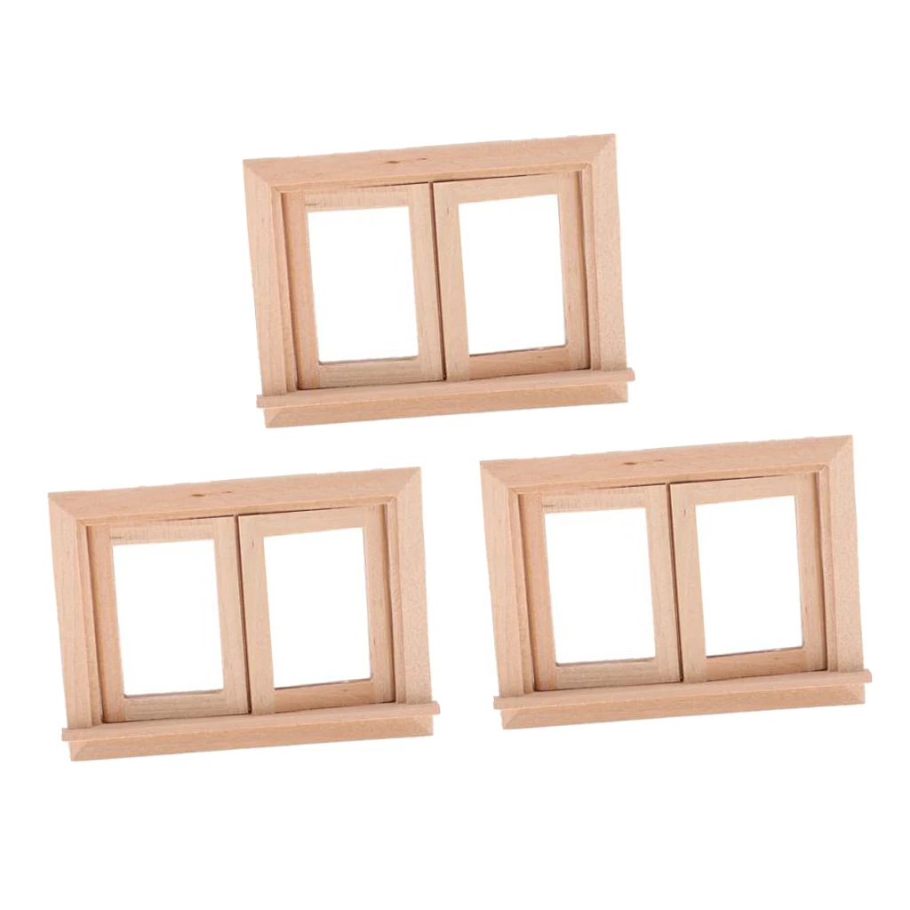 3 Pieces Vintage 1/12 Unpainted Wood 2-Pane Window Frame for Dolls House Room Fairy Garden Decor - Size 9.5 x 7.2cm
