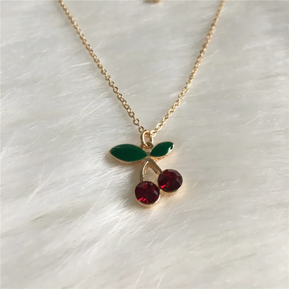 Сладкий золотой цвет Покрытие Красный камень с зеленой эмалью вишня кулон ожерелье для женщин Девушка