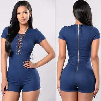 

Hirigin Romper Playsuit 2019 New Women Denim Zipper V-neck Clubwear Bodysuit Bodycon Party Jumpsuit Bandage Shorts