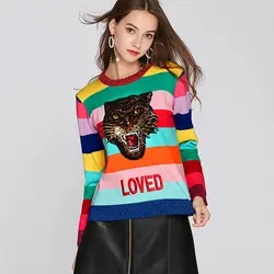 Новый женский полосатый свитер с разноцветным принтом тигра, вышитым буквами, пуловер высокого качества, свитер с длинными рукавами для