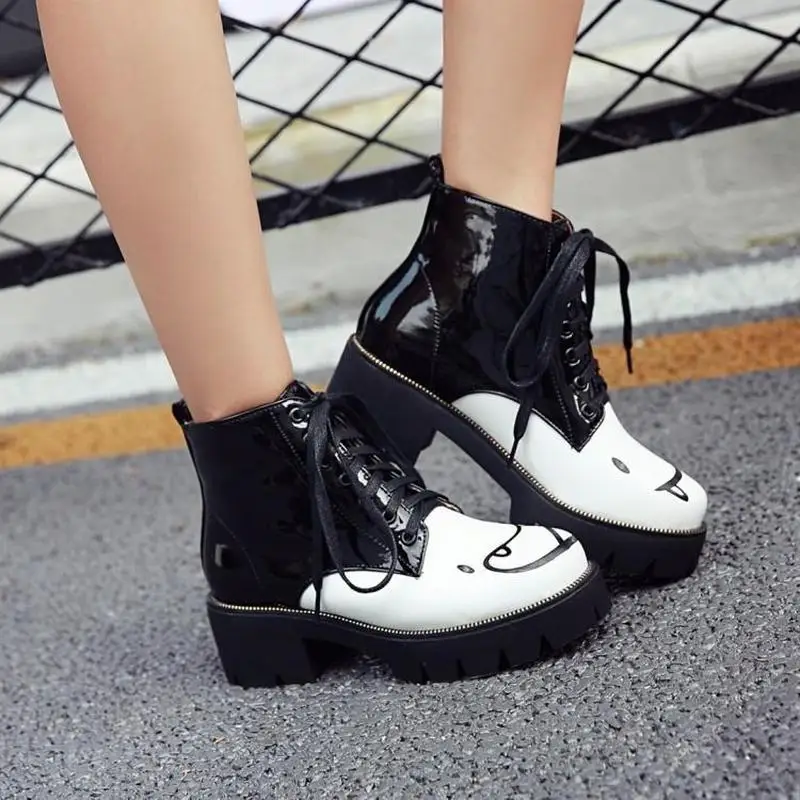 

Womens Round Toe Monster Printed Ankle Boots Oxfords Lace Up Shoes Chunky Block Heel Motorcycle Black Plus Size A1115