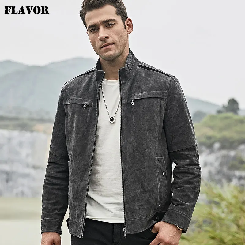 

FLAVOR Men's Real Leather Jacket Men Pigskin Biker Genuine Leather Coat Gray Coat with Standing Collar