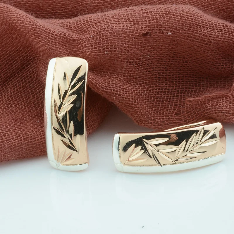 

FJ 2 Style Women 585 Rose/White Gold Color Earring Without Stone Engraving Leaf Rectangle Drop Earrings