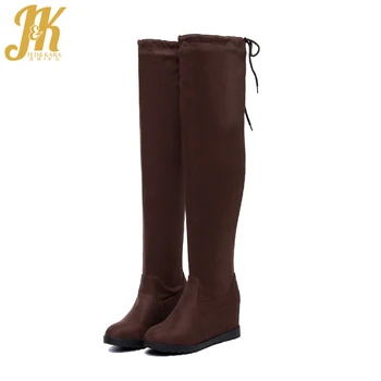 

JK Plus Size 43 Over The Knee High Heels Women Boots Cross Tied Round Toe Footwear Flock Insert Stretch Boot Shoes Women 2018