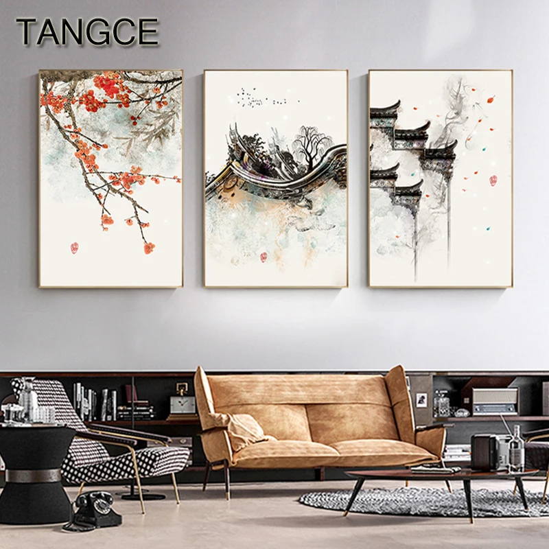 

Ancient Buiding Peach Blossom Temple Nordic Poster Print Japanese Style Painting On The Wall Canvas Art Picture for Living Room