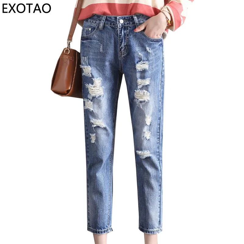 EXOTAO Harem Jeans Pants Women Ripped Denim Trousers Streetwear Autumn