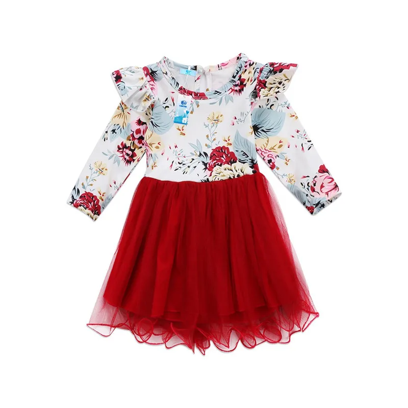 Newborn Baby Girls Long Sleeve Floral Bowknot Tulle Tutu Dress Baby Ruffles Patchwork Cotton
