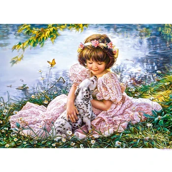 

Full Square / Round Diamond 5D DIY Diamond Painting "Angel Girl and Dog" Embroidery Cross-stitch Mosaic Home Decoration Gift