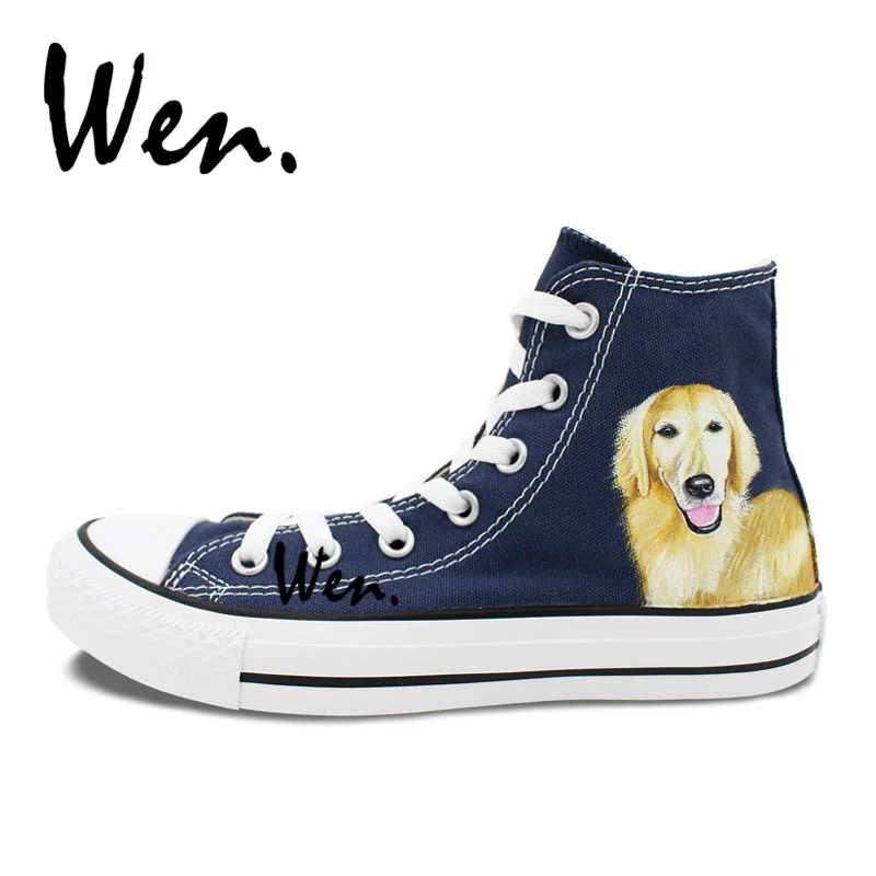 Вэнь дизайн на заказ ручная роспись обувь маленький золотой ретривер собака мужские женские синие высокие холщовые кроссовки