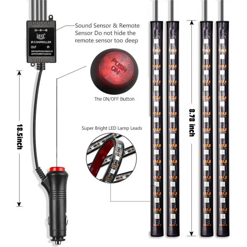 4 шт. 12 В сигаретный светодиодный RGB неоновый автомобильный Стайлинг беспроводной пульт дистанционного голосового управления интерьерный напольный декоративный светильник для ног