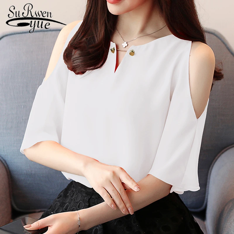 

2019 fashion chiffon women blouse shirt new summer short sleeve V-neck women's tops blusas sweet sexy red women clothing D616 30