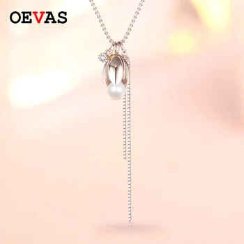 

OEVAS Fashion creative 925 sterling silver flower pearl tassel pendant necklaces women temperament jewelry box chain necklace