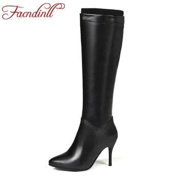 

FACNDINLL shoes new fashion women knee high boots autumn winter shoes sexy high thin heels black zipper woman dress party shoes