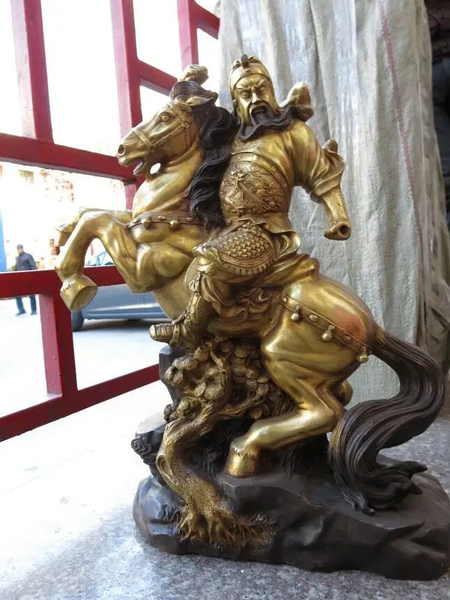 20" Chinese bronze gild finely ride a horse Guan Gong buddha Sculpture