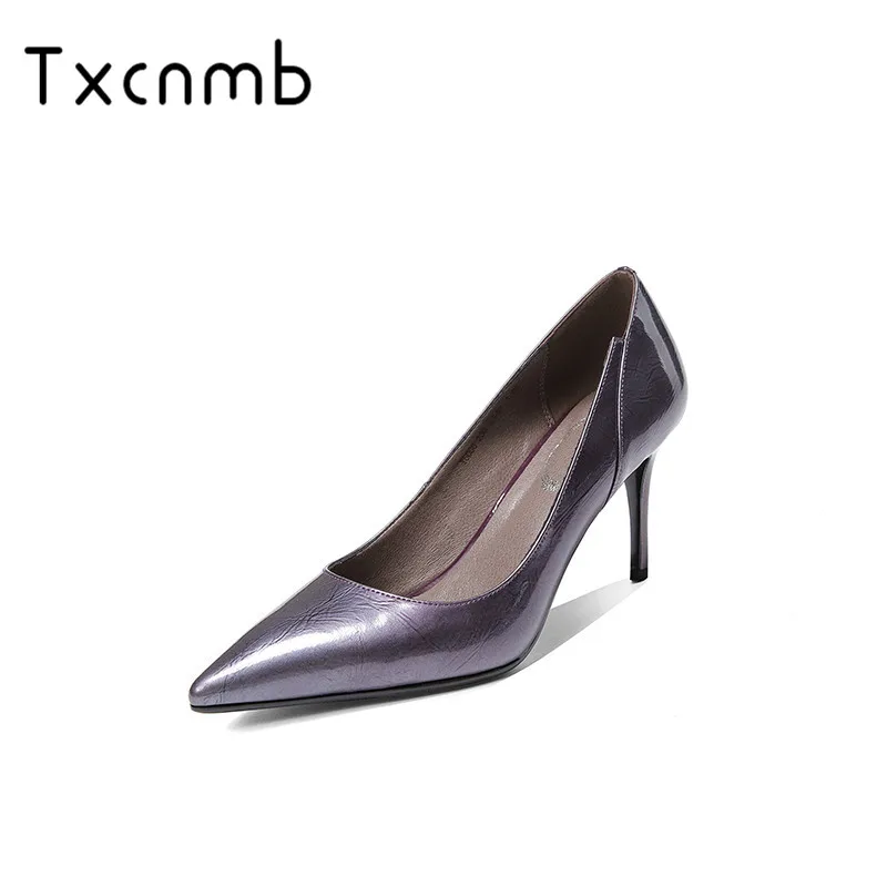 

TXCNMB 2019 pumps Women high Heels Genuine leather Pumps Spring Autumn Cow Patent Leather Party Basic Casual Shoes Woman