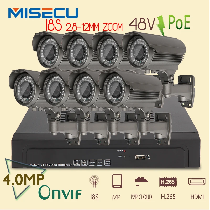  5.0MP 8CH 48V POE Onvif 2016 I8S API Protocol Real plug-play 4.0MP 2592*1944P POE 2.8-12mm Zoom IR Camera Waterproof Surveilance 