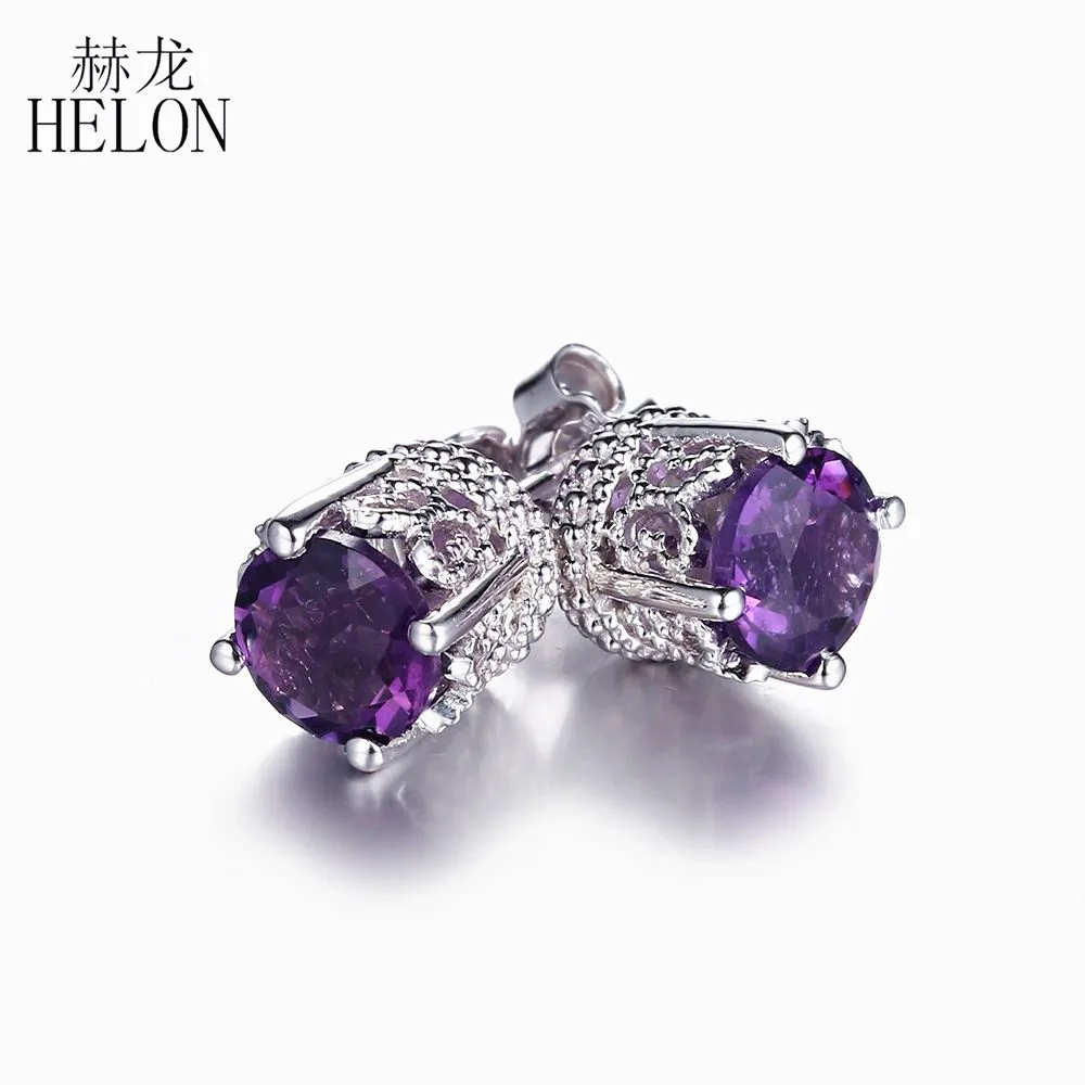 

HELON Vintage Round 6.5mm Amethyst Stud Earrings Solid 14K White Gold Art Deco Gemstone Engagement Wedding Party Fine Earrings