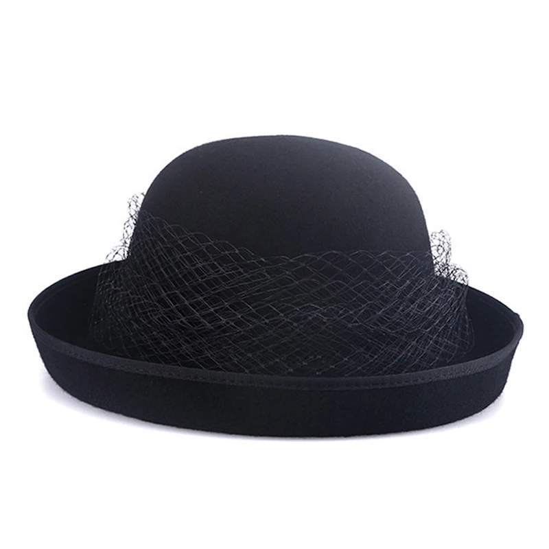 FS estilo británico negro mujer Lana fieltro Fedora gasa con flor de invierno rizo de ala ancha sombrero mujer niñas boda sombreros - 6