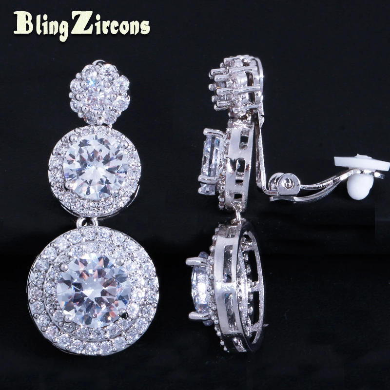 

BeaQueen Newest Fashion Round Cubic Zirconia Stone Drop No Pierced Hole Ear Clip On Earrings Women Silver Color Jewelry E225